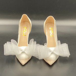 FSJ White Bowknot High Heel Wedding Mesh Dorsay Pumps Pointed Toe Dress Shoes